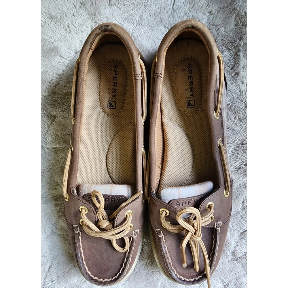Sperry Angelfish Brown Leather Plaid Boat Shoes Womens 7 STS90332